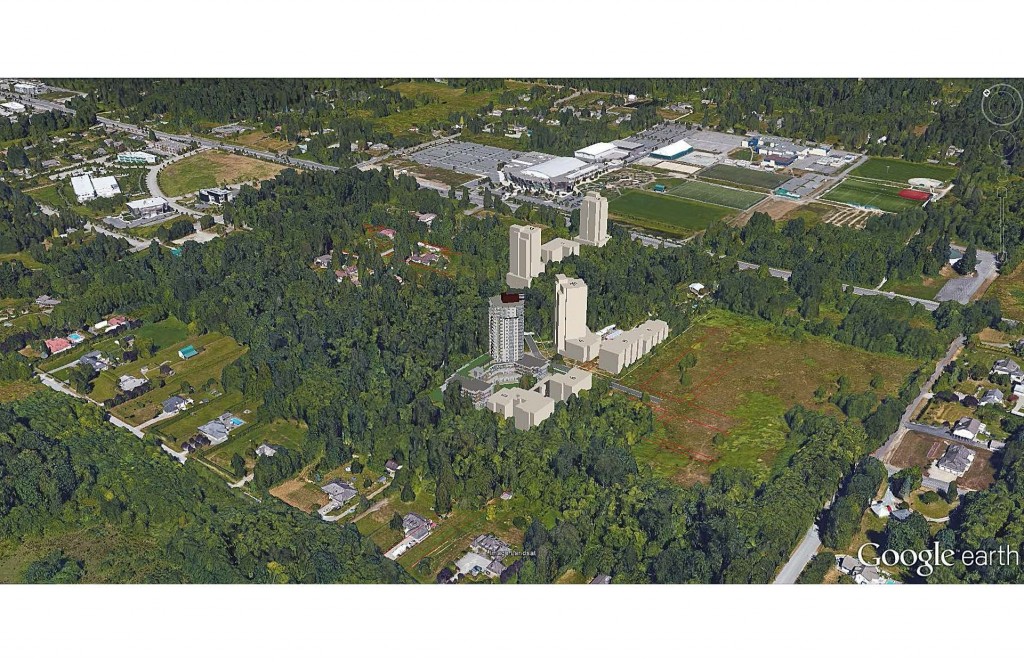 3D Rendering in context of current surrounding area. Langley Events Centre is across the road on 200 Street.