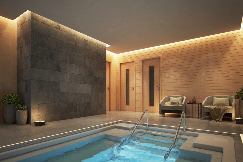 Hydrotherapy Tub in Wellness Spa. This hydrotherapy area is also adjoined to oxygenated infrared sauna with Himalayan Rock Salt wall, and changing rooms with experiential rain showers.